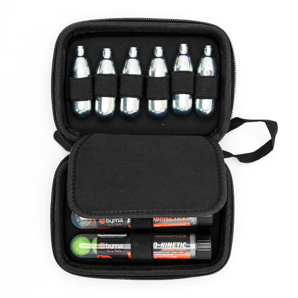 *Note: Projectiles and CO2 not included
A must-have accessory, this semi-hard C02 + ammo carry case constructed with a sturdy industrial-strength zipper allows you to conveniently transport, store and protect six (6) C02 canisters and three (3) tubes of projectiles everywhere you go.
Specs:
Dimensions: 6" x 4.5" x 2.3"
Weight: 4.5 oz