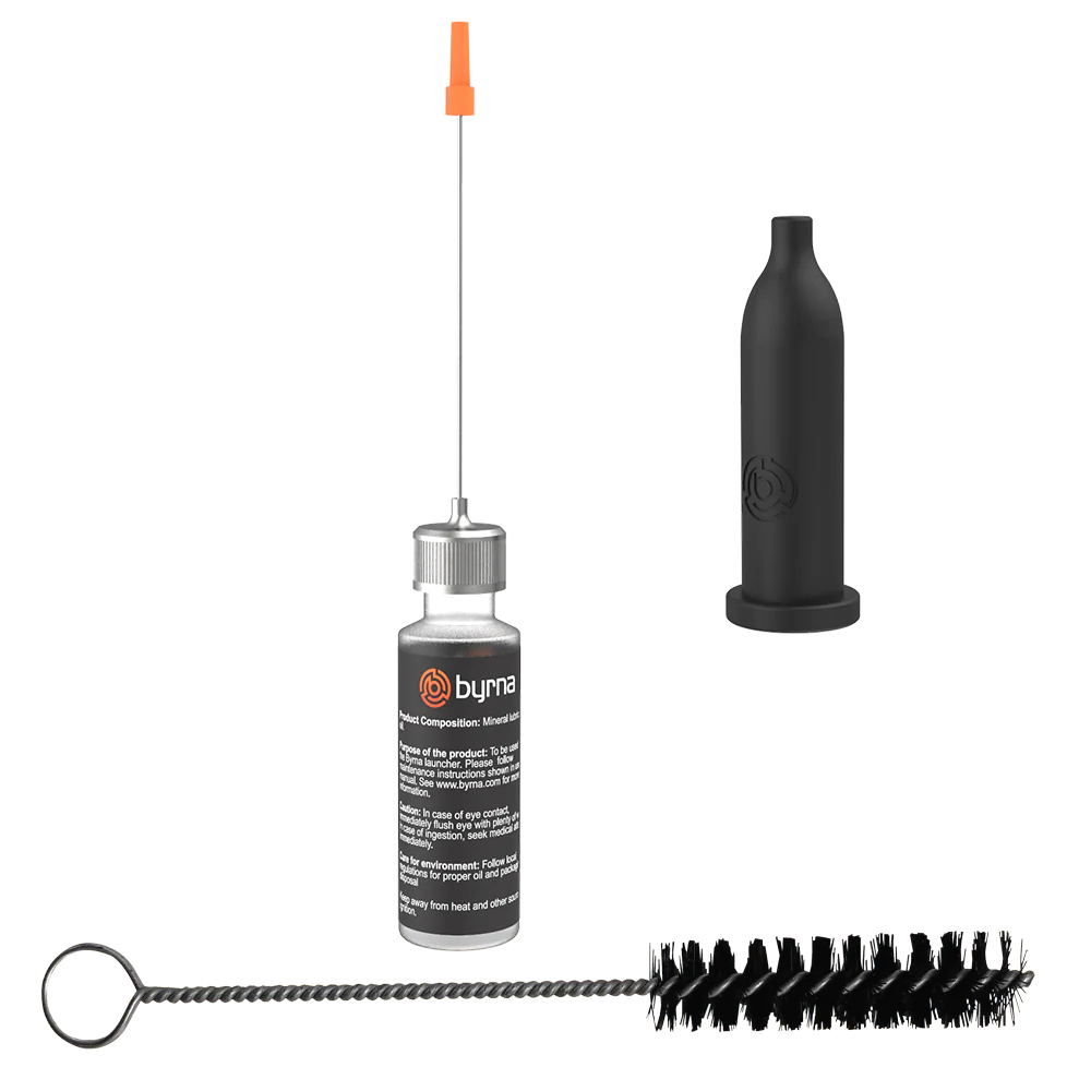 Keep your Byrna operating at its best with our Oiler Kit. Basic, preventative maintenance should be performed every 500 shots, or as needed. Our oiler kit comes with:
One (1) Oiling Guide
One (1) Oiling Tube<
One (1) Nylon Wired Loop Brush