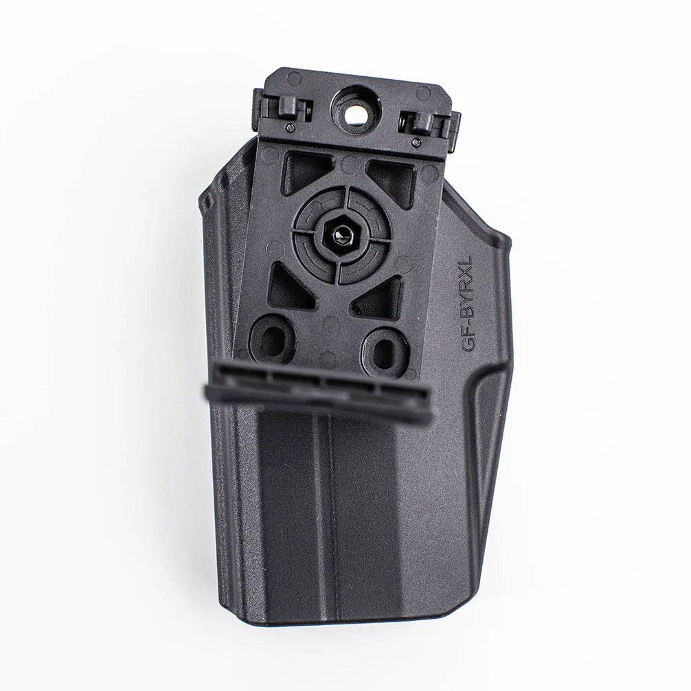 *HOLSTER NOT INCLUDED
The Level II Holster Belt Clip Adapter is an add-on that can be used to convert the Byrna Level II holster from the standard paddle grip to secure, belt attached holster.