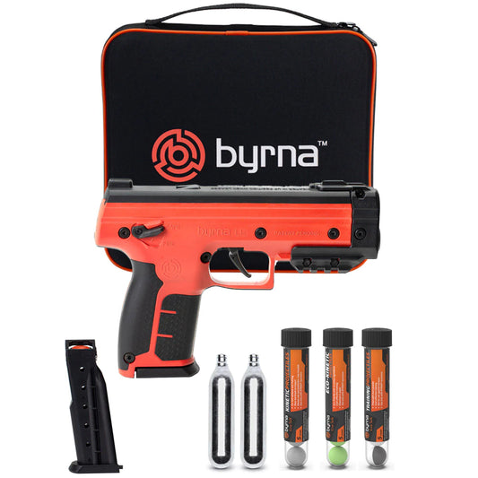 The Byrna Orange LE, Byrna's most powerful handheld launcher, is now available to the public!
The Byrna LE features a completely redesigned trigger interface and valve assembly to fire .68 caliber rounds at speed of up to 340 feet per second up to 80ft. The new trigger design on the Byrna LE allows for a much smoother and lighter trigger pull, providing a better experience for the shooter.