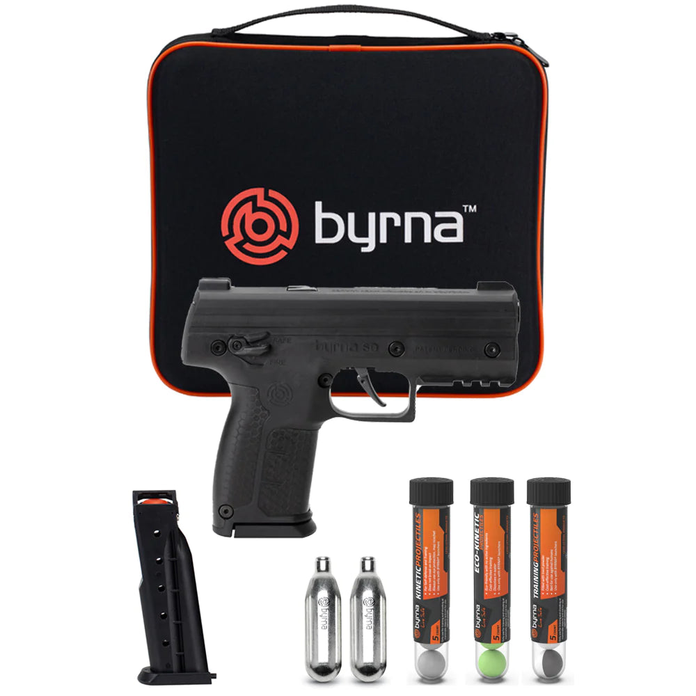 The Byrna SD (Self Defense) is the successor of the Byrna HD. It has been re-engineered for optimal performance. Powered by compressed air (CO2), the Byrna SD shoots .68 caliber round kinetic and/or chemical irritant projectiles that can disable a threat from up to 60-feet away. It is an incredibly powerful and non-lethal self-defense weapon.