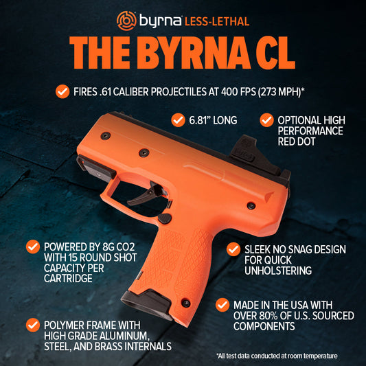 Byrna CL Launcher promotional image showing compact design and features