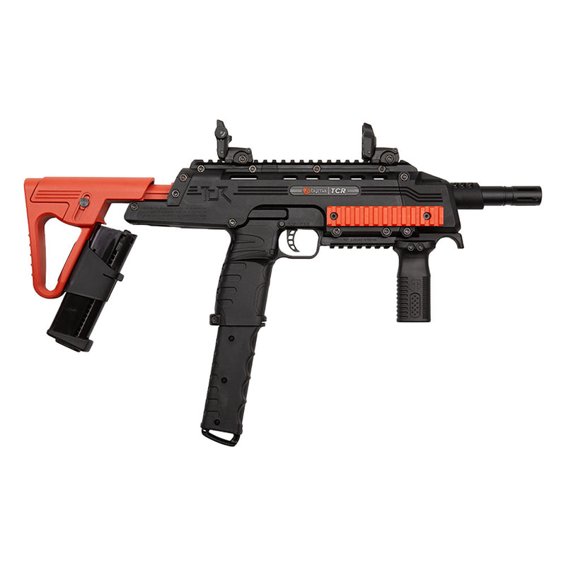 CO2 and Projectiles are not included with the TCR.

The new Tactical Compact Rifle or TCR, is designed as a versatile and reliable magfed launcher for home defense and recreational use. Designed to deliver a compact military, realistic look that is easy to customize/upgrade via the standard four Picatinny rails. The high-performance TCR also includes folding front and rear sights, a vertical front grip, and an 11” high-performance barrel. The TCR comes complete with 7-round and 12-round extended magazines.