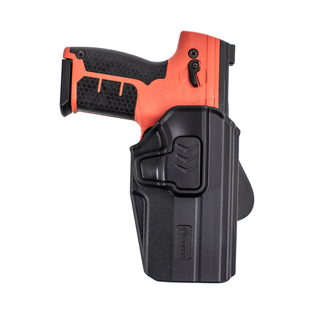 Compatible with all Byrna Pistol Style Launchers, Launcher Only.  Not compatible with lights and lasers installed.

The LEVEL II Holster is molded in modern design and built tough to withstand the harshest environments. Compatible with all Byrna pistol-style launchers without an accessory attached.

LAUNCHERS NOT INCLUDED. 

